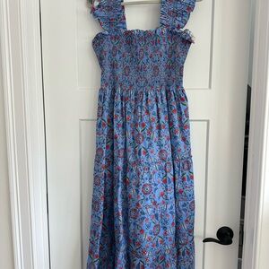 Hill House Blue Floral Smocked Maxi Dress with Red & Green Accents